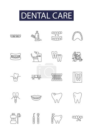 Illustration for Dental care line vector icons and signs. Flossing, Cleaning, Polishing, Whitening, Fluoride, Sealants, Filling, Extraction vector outline illustration set - Royalty Free Image