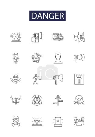 Illustration for Danger line vector icons and signs. Hazard, Risk, Menace, Threat, Periculous, Threatening, Riparian, Caution vector outline illustration set - Royalty Free Image