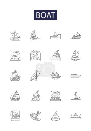 Illustration for Boat line vector icons and signs. craft, vessel, dinghy, canoe, kayak, schooner, raft, sailboat vector outline illustration set - Royalty Free Image
