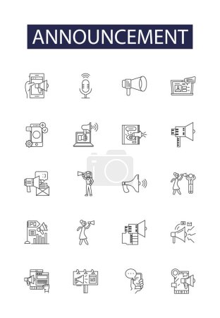 Illustration for Announcement line vector icons and signs. Declaration, Notice, Proclamation, Broadcast, Bulletin, Statement, News, Revealment vector outline illustration set - Royalty Free Image