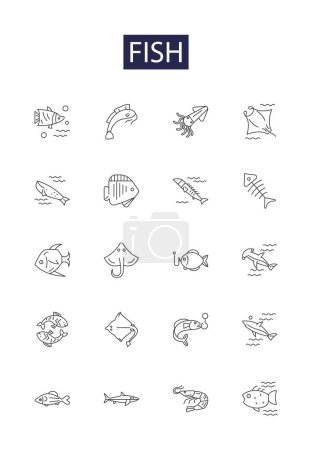 Illustration for Fish line vector icons and signs. Salmon, Trout, Goldfish, Mackerel, Cod, Perch, Tuna, Bass vector outline illustration set - Royalty Free Image
