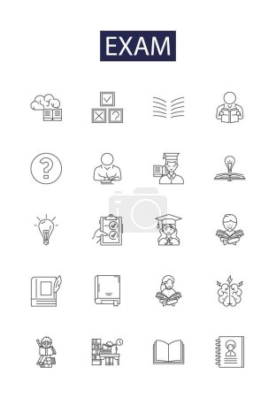 Illustration for Exam line vector icons and signs. Quiz, Assessment, Examen, End-of-term, Evaluation, Investigation, Benchmark, Probe vector outline illustration set - Royalty Free Image