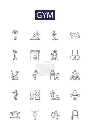 Illustration for Gym line vector icons and signs. Exercise, Workout, Training, Aerobics, Lifting, Cardio, Gymnastics, Weights vector outline illustration set - Royalty Free Image