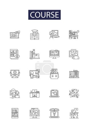 Illustration for Course line vector icons and signs. Class, Training, Semester, Program, Curriculum, Module, Workshop, Teachings vector outline illustration set - Royalty Free Image