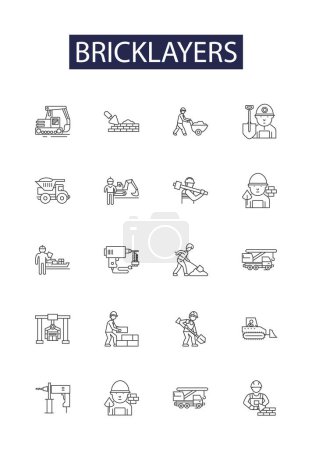 Illustration for Bricklayers line vector icons and signs. Bricklayers, Brickies, Trowelers, Wallers, Tilers, Layer-ups, Renderers, Stackers vector outline illustration set - Royalty Free Image