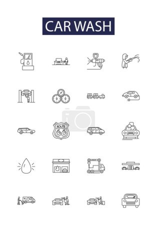 Illustration for Car wash line vector icons and signs. wash, auto, detailing, polishing, scrubbing, shampooing, washing, steaming vector outline illustration set - Royalty Free Image