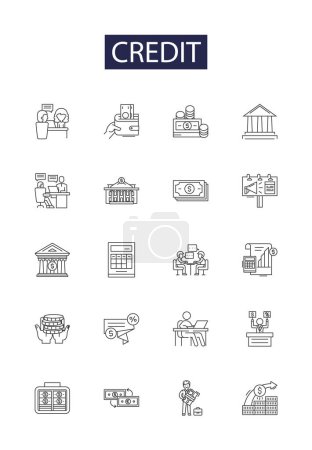 Illustration for Credit line vector icons and signs. Loan, Card, Bank, Line, Score, Debit, Borrow, Report vector outline illustration set - Royalty Free Image