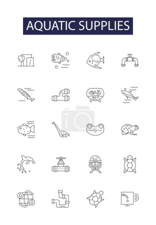 Illustration for Aquatic supplies line vector icons and signs. aquatics, tanks, fish, supplies, pumps, filter, decorations, substrate vector outline illustration set - Royalty Free Image