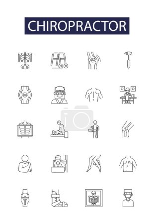 Illustration for Chiropractor line vector icons and signs. Backache, Adjustments, Spinal, Manipulation, Neck, Pain, Muscle, Joints vector outline illustration set - Royalty Free Image