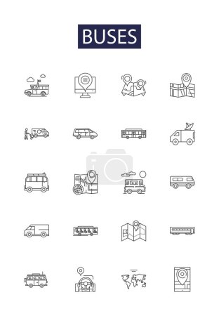 Illustration for Buses line vector icons and signs. Coaches, Shuttles, Vans, Transports, Routes, Wheels, Fleet, Trips vector outline illustration set - Royalty Free Image