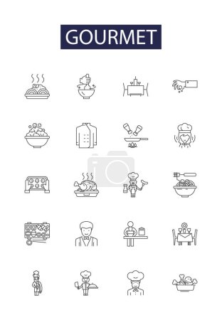 Illustration for Gourmet line vector icons and signs. Cuisine, Epicurean, Epicure, Palatable, Dainty, Gourmand, Tasty, Flavorsome vector outline illustration set - Royalty Free Image