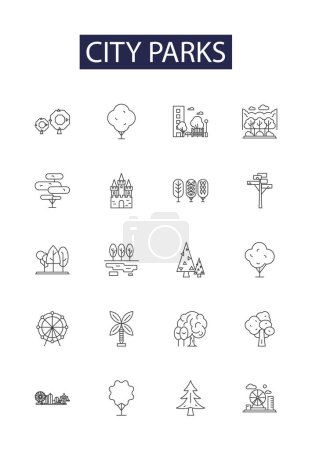 Illustration for City parks line vector icons and signs. Parks, Recreation, Green, Spaces, Playground, Walking, City, Trees vector outline illustration set - Royalty Free Image