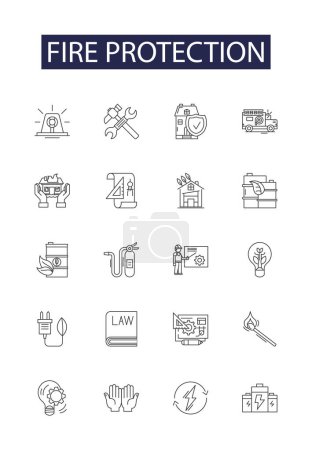 Illustration for Fire protection line vector icons and signs. Extinguish, Suppression, Prevention, Safety, Planning, Halon, CO, Alarm vector outline illustration set - Royalty Free Image