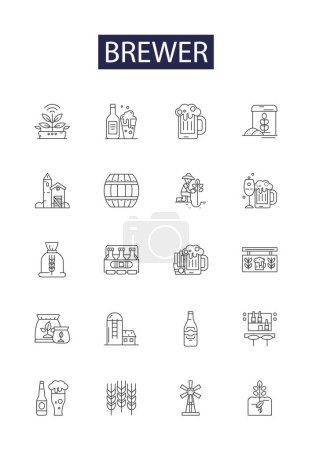 Ilustración de Línea cervecera vectorial iconos y signos. cervecero, industria, fábrica, cervecería, bebida, producción, alcohol, conjunto de ilustración de contorno de vector masculino - Imagen libre de derechos
