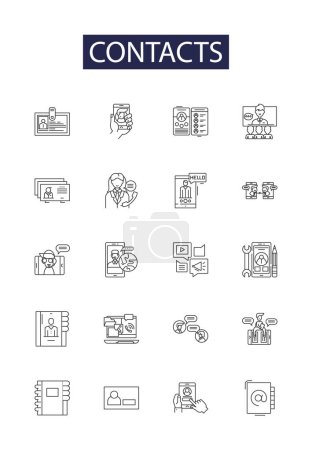 Illustrazione per Contatti linea icone vettoriali e segni. Indirizzo, Directory, Network, Book, List, Connections, Group, Links vector outline illustration set - Immagini Royalty Free