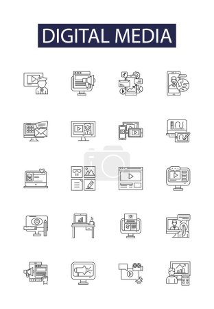 Illustration for Digital media line vector icons and signs. Media, Online, Electronic, Social, Web, Platforms, Networks, Videos vector outline illustration set - Royalty Free Image