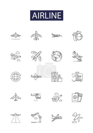 Illustration for Airline line vector icons and signs. Flights, Airfare, Jets, Pilots, Baggage, Tickets, Jetset, Aviate vector outline illustration set - Royalty Free Image