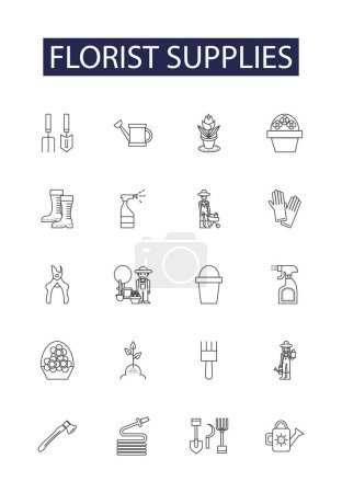 Illustration for Florist supplies line vector icons and signs. Bouquets, Flowerpots, Ribbon, Scissors, Foliage, Floral Tape, Floral Wire, Floral Foam vector outline illustration set - Royalty Free Image