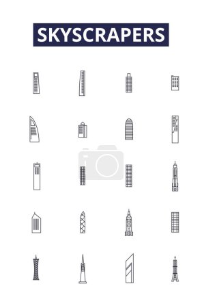 Illustration for Skyscrapers line vector icons and signs. Towers, Buildings, High-rises, Structures, Edifices, Obelisks, Spires, Pillars vector outline illustration set - Royalty Free Image