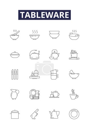 Téléchargez les illustrations : Vaisselle ligne vectorielle icônes et signes. Assiettes, bols, verres, tasses, ustensiles, cruches, plateaux, dessous de verre ensemble d'illustration vectoriel contour - en licence libre de droit
