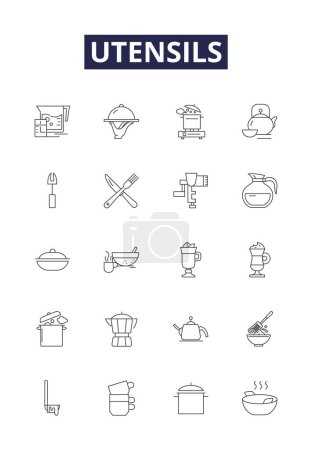 Téléchargez les illustrations : Ustensiles ligne vectorielle icônes et signes. ustensiles de cuisine, électroménagers, outils, casseroles, casseroles, plats, bols, tasses illustration vectorielle ensemble - en licence libre de droit