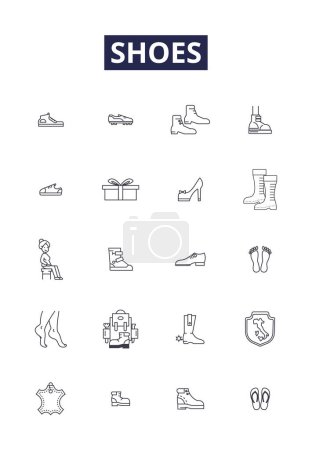 Zapatos línea vectorial iconos y signos. Calzado, Tacones, Pisos, Bombas, Sandalias, Zapatillas, Holgazanes, Zapatillas esquema vectorial conjunto de ilustración
