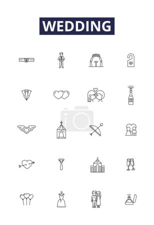 Illustration for Wedding line vector icons and signs. Nuptials, Vows, Groom, Bride, Celebration, Reception, Ceremony, Party vector outline illustration set - Royalty Free Image