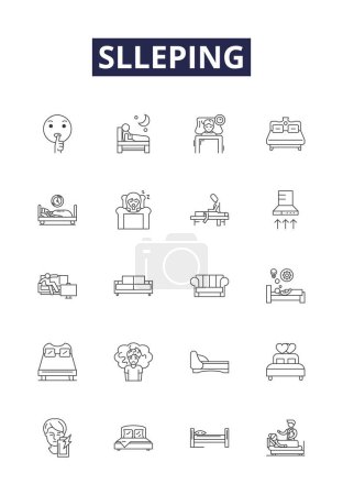 Ilustración de Slleping línea vectorial iconos y signos. Dreaming, Napping, Slumbering, Dozing, Cansado, Ronquidos, Somnolencia, Slumping vector outline illustration set - Imagen libre de derechos