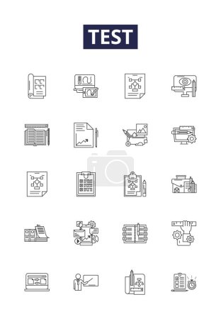 Illustration for Test line vector icons and signs. Assessment, Quiz, Prototype, Validation, Trial, Usability, Check, Experiment vector outline illustration set - Royalty Free Image