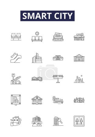 Ilustración de Smart city line vector iconos y signos. Ciudad, Urbano, Tecnología, Conectado, Inteligente, Automatizado, Infraestructura, Conjunto de ilustración de esquema de vector sostenible - Imagen libre de derechos