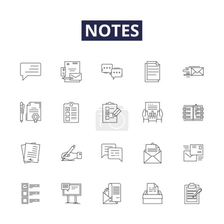 Illustration for Notes line vector icons and signs. Notices, Records, Reminders, Logs, Memos, Bargains, Instructions, Postings vector outline illustration set - Royalty Free Image