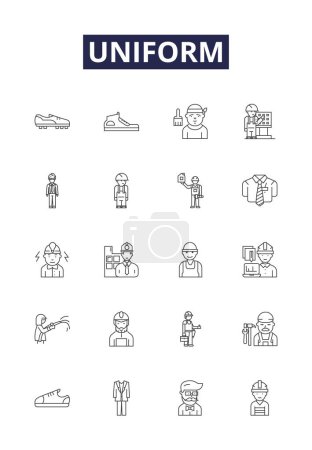 Illustration for Uniform line vector icons and signs. Garb, Suit, Attire, Dress-Code, Clothes, Apparel, Robe, Ensemble vector outline illustration set - Royalty Free Image