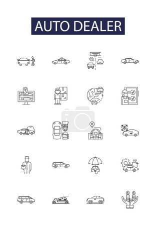 Auto dealer line vector icons and signs. Dealer, Cars, Sales, Vehicle, Trucks, Used, Automotive, Repair vector outline illustration set