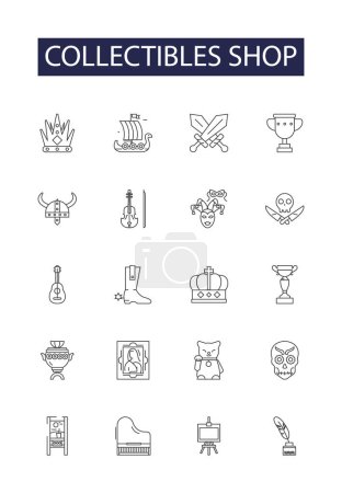 Illustration for Collectibles shop line vector icons and signs. Shop, Antiques, Vintage, Figurines, Toys, Novelty, Mementos,Souvenirs vector outline illustration set - Royalty Free Image
