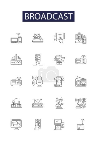 Illustration for Broadcast line vector icons and signs. Disseminate, Announce, Relay, Air, Televise, Diffuse, Proclaim, Propagate vector outline illustration set - Royalty Free Image