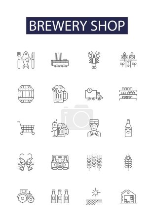 Illustration for Brewery shop line vector icons and signs. Shop, Beer, Alcohol, Distillery, Brewpub, Hops, Grain, Ferment vector outline illustration set - Royalty Free Image