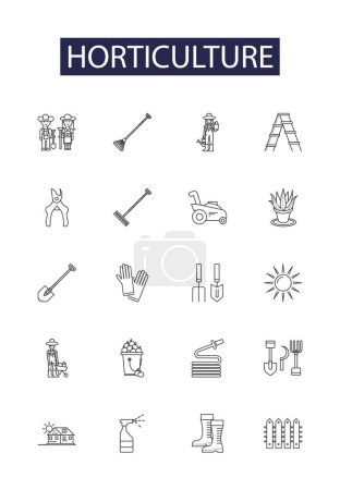 Illustration for Horticulture line vector icons and signs. Crops, Cultivation, Plants, Botany, Agriculture, Pruning, Gardener, Fruits vector outline illustration set - Royalty Free Image