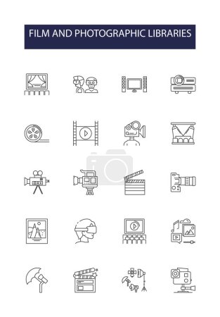 Illustration for Film and photographic libraries line vector icons and signs. Photography, Library, Archive, Stock, Movies, Images, Digital, Videos vector outline illustration set - Royalty Free Image