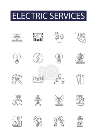 Electric services line vector icons and signs. Services, Power, Energy, Supply, Volt, Wiring, Cabling, Outlet vector outline illustration set