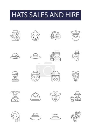 Illustration for Hats sales and hire line vector icons and signs. Sales, Hire, Caps, Buy, Rental, Accessories, Exchange, Millinery vector outline illustration set - Royalty Free Image