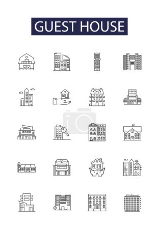 Illustration for Guest house line vector icons and signs. bed-and-breakfast, inn, lodge, hostel, accommodation, cottage, villa, chalet vector outline illustration set - Royalty Free Image