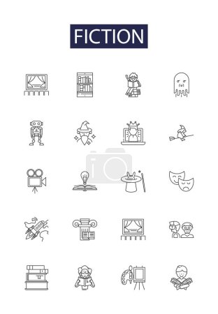 Illustration for Fiction line vector icons and signs. Make-believe, Novel, Tale, Fabrication, Invention, Myth, Legend,Adventure vector outline illustration set - Royalty Free Image