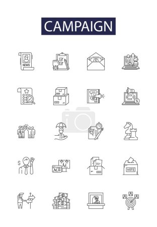 Illustration for Campaign line vector icons and signs. Advertising, Promotion, Outreach, Drive, Rally, Lobby, March, Crusade vector outline illustration set - Royalty Free Image