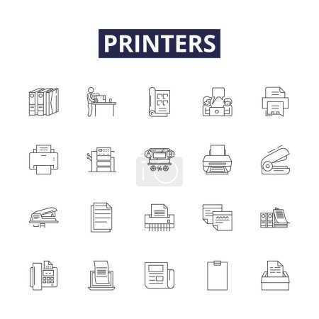 Ilustración de Impresoras línea vectorial iconos y signos. Impresión, tinta, láser, tóner, Canon, Epson, HP, conjunto de ilustración de contorno de vector de red - Imagen libre de derechos