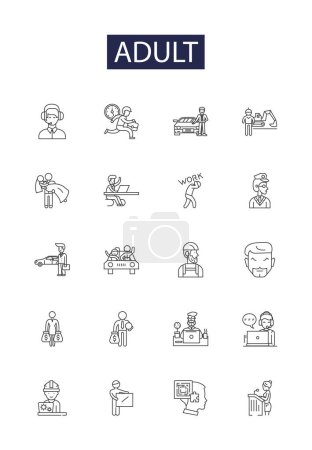 Illustration for Adult line vector icons and signs. Mature, Grown-up, Adulting, Ageing, Aged, Senior, Old, Experienced vector outline illustration set - Royalty Free Image
