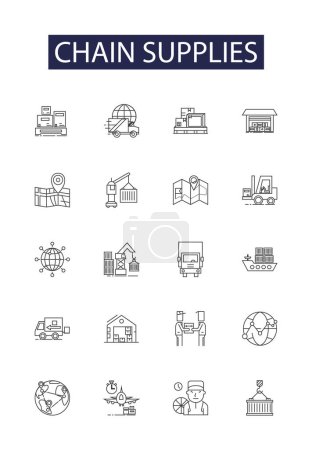 Illustration for Chain supplies line vector icons and signs. Supplies, Links, Inventory, Order, Units, Manufacturing, Shipping, Buying vector outline illustration set - Royalty Free Image