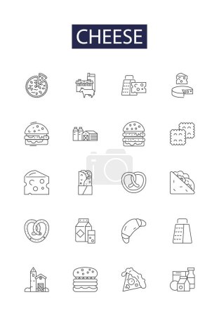 Ilustración de Iconos y signos vectoriales de línea de queso. Cheddar, Camembert, Brie, Feta, Gouda, Mozzarella, Azul, Ricotta vector esquema conjunto de ilustración - Imagen libre de derechos
