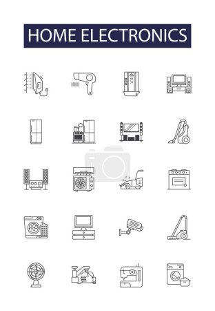 Ilustración de Inicio electrónica línea vectorial iconos y signos. Ordenadores, Cámaras, Frigoríficos, Radios, Bluetooth, Impresoras, Lavado, Altavoces vector esquema ilustración conjunto - Imagen libre de derechos