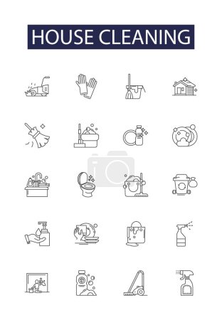 Illustration for House cleaning line vector icons and signs. Housekeeping, Wiping, Vacuuming, Dusting, Sweeping, Polishing, Sanitizing, Mopping vector outline illustration set - Royalty Free Image