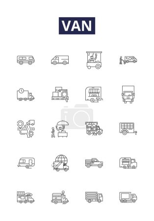 Illustration for Van line vector icons and signs. Vehicle, Autos, Cargo, Delivery, Minivan, Transit, Vans, Minibuses vector outline illustration set - Royalty Free Image